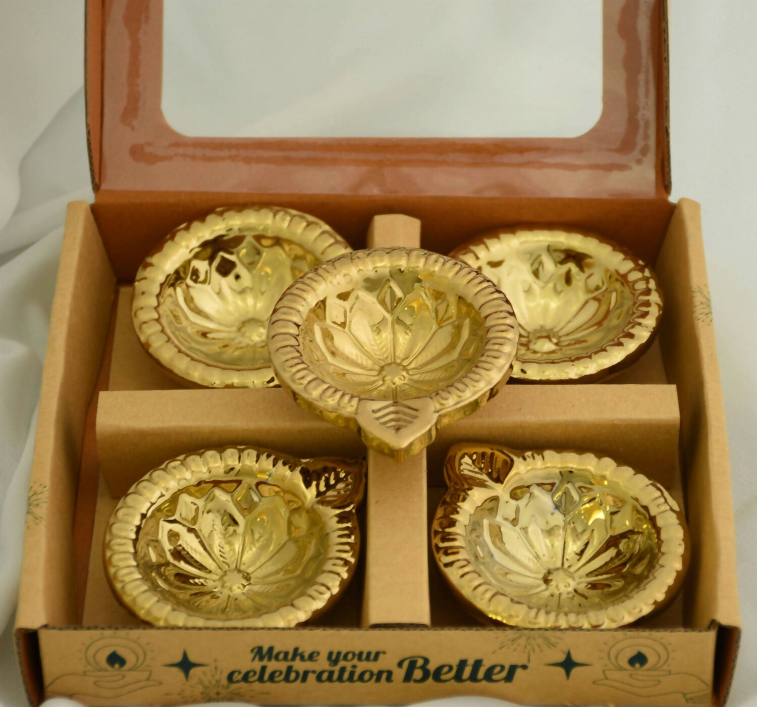 Floral Embossed Decorative Ceramic Diya with Gold PVD Plating & Glossy Metallic Finish (4 Pc)