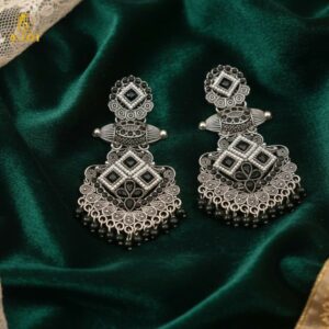 Oxidized Silver Black Stone Designer Chandbali Earrings for Women