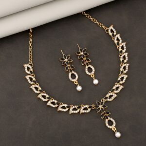 Elegant Black & White Crystal Flower Necklace Set with Pearl Drop