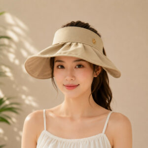 Cream Women Wide Brim Sun Visor Cap Adjustable UV Protection Hat Beige