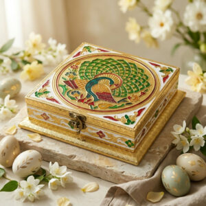Handcrafted Elegant Peacock Design Decorative Box with Golden Accents