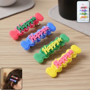 Cute “Happy” Bone-Shaped Snap Hair Clips Set (4 Pc)