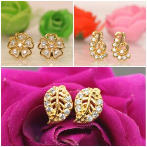 Gold Plated AD Stud Earrings Combo Set of 3 for Women & Girls