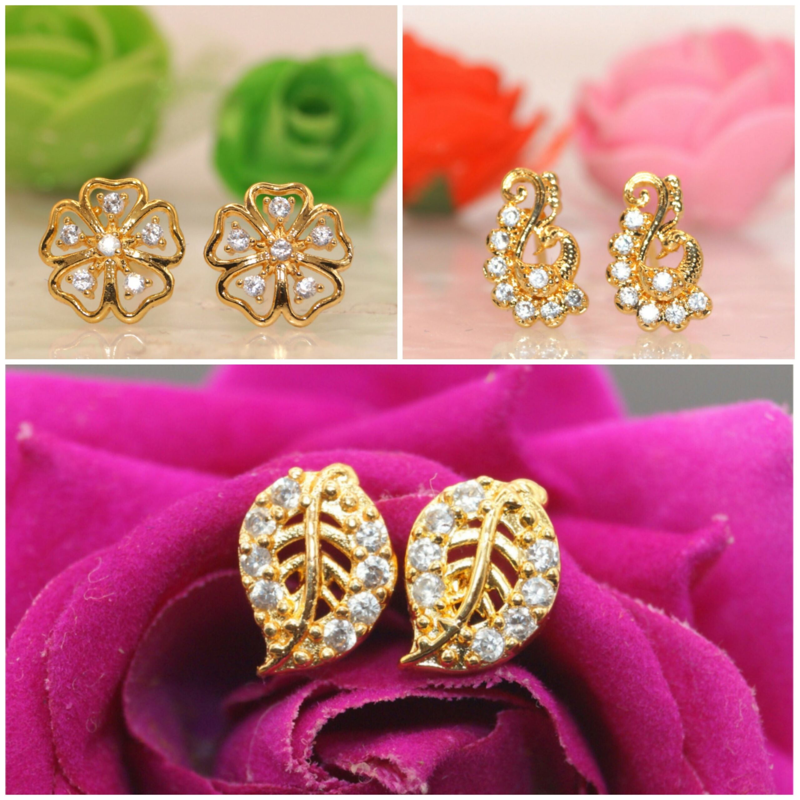 Gold Plated AD Stud Earrings Combo Set of 3 for Women & Girls