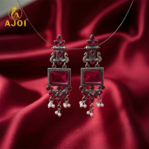Premium Antique Silver Earrings with Pink Square Beads and Pearl Hangings.