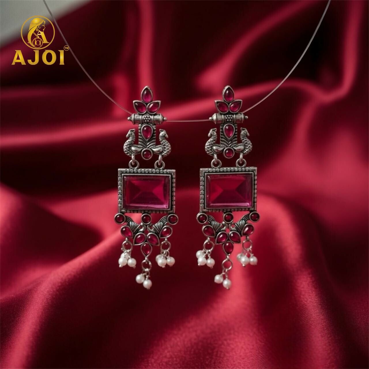 Premium Antique Silver Earrings with Pink Square Beads and Pearl Hangings.