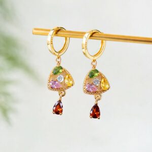 Gold-Tone Multicolor Stone Drop Earrings with Hoop Lock for Women & Girl