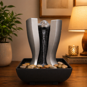 Modern Grey Tabletop Water Fountain with LED Light & Pebbles