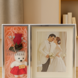 Couple Gift photo Frame with Red Rose, Mini Teddy Bear & Customizable Photo Slot