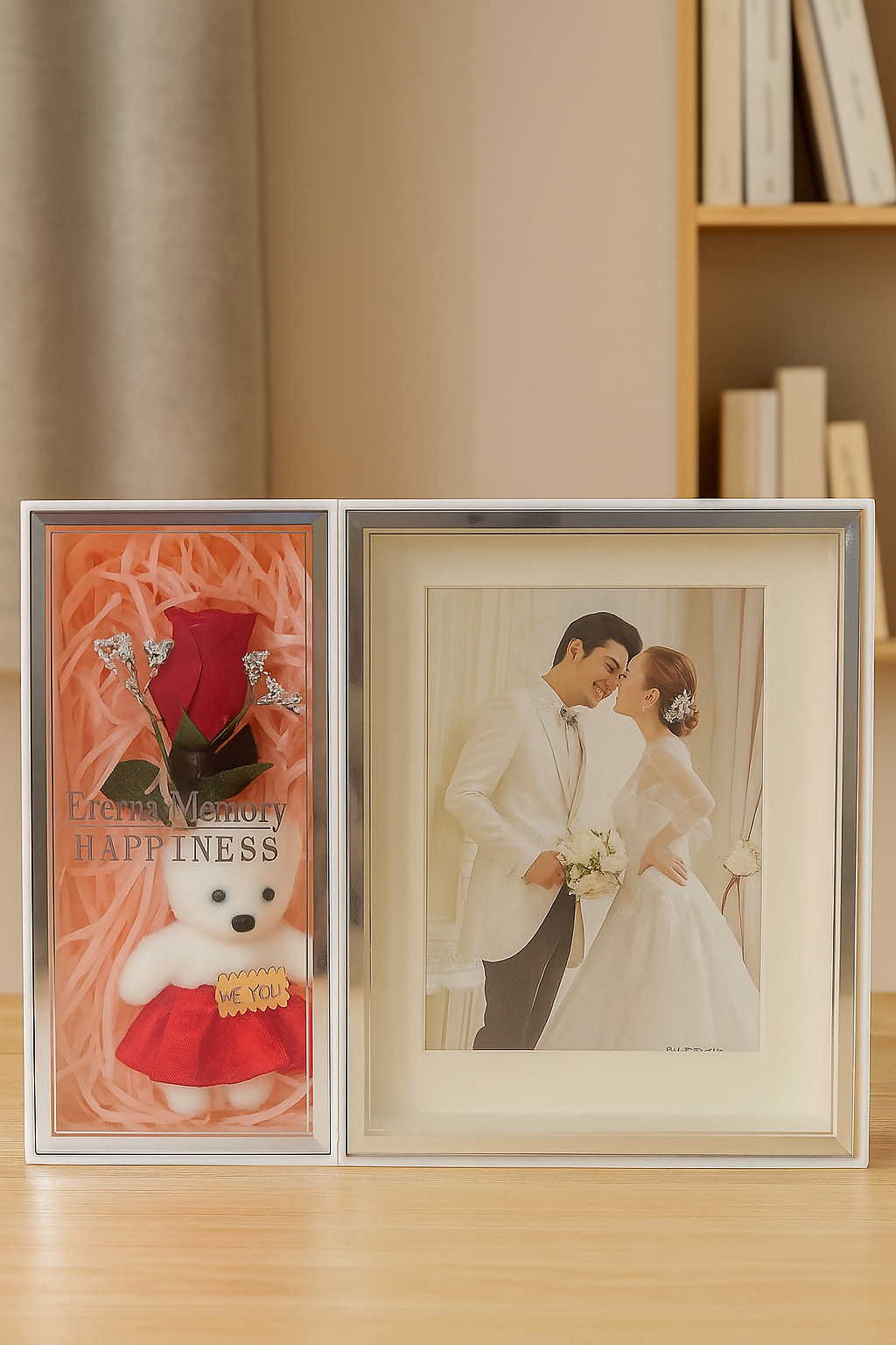 Couple Gift photo Frame with Red Rose, Mini Teddy Bear & Customizable Photo Slot