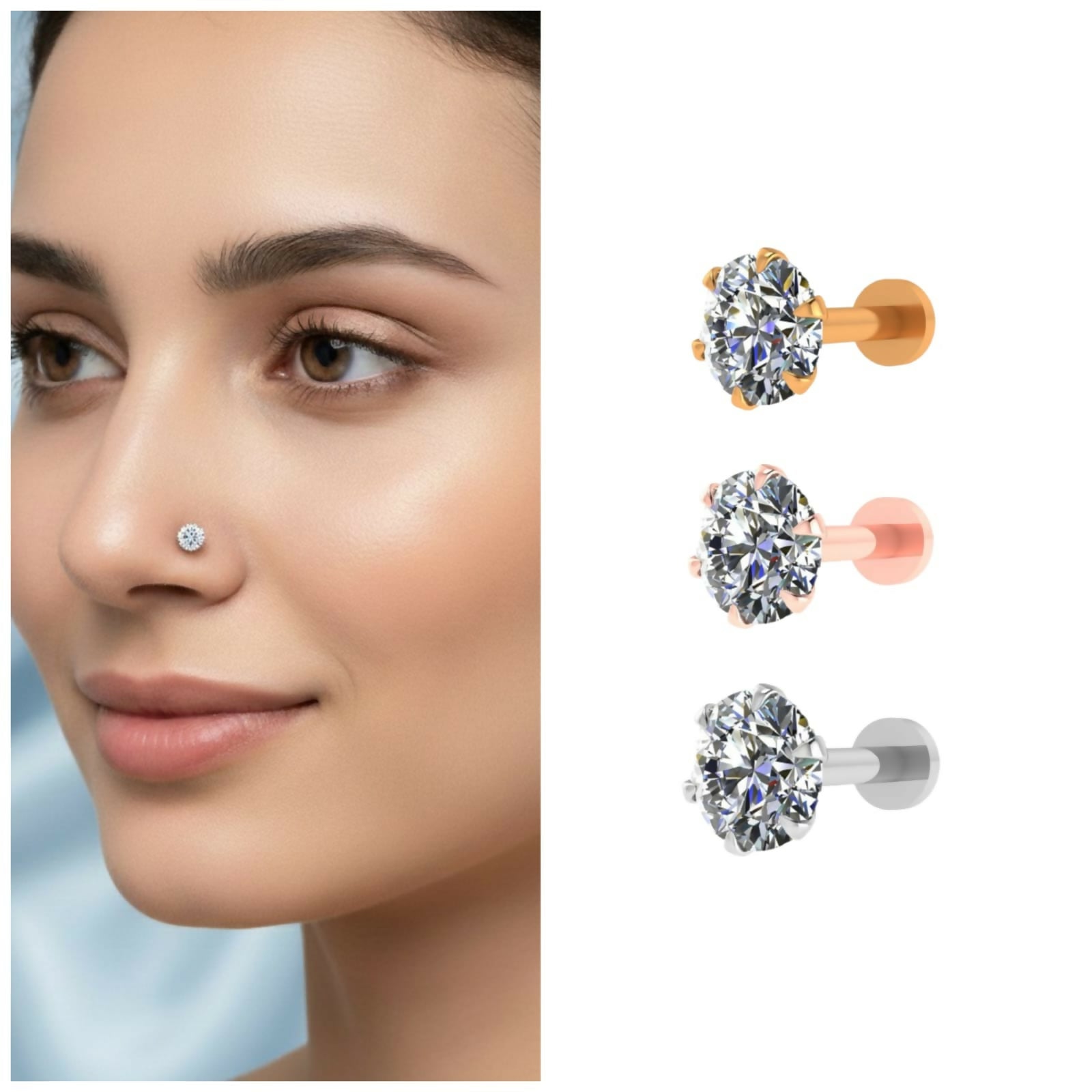 Gold, silver & rose gold plated Nosepin for Women and girls Combo Pack of 3