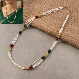 Elegant Handmade White Beaded Mala Necklace with Gold Accents for Women