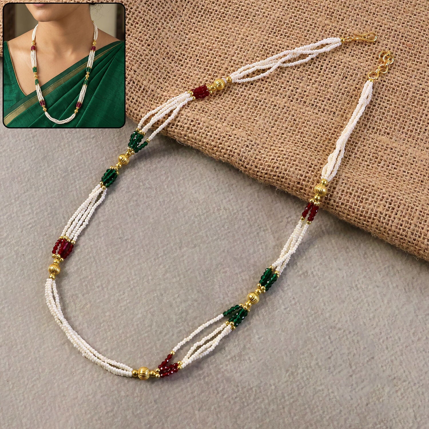 Elegant Handmade White Beaded Mala Necklace with Gold Accents for Women
