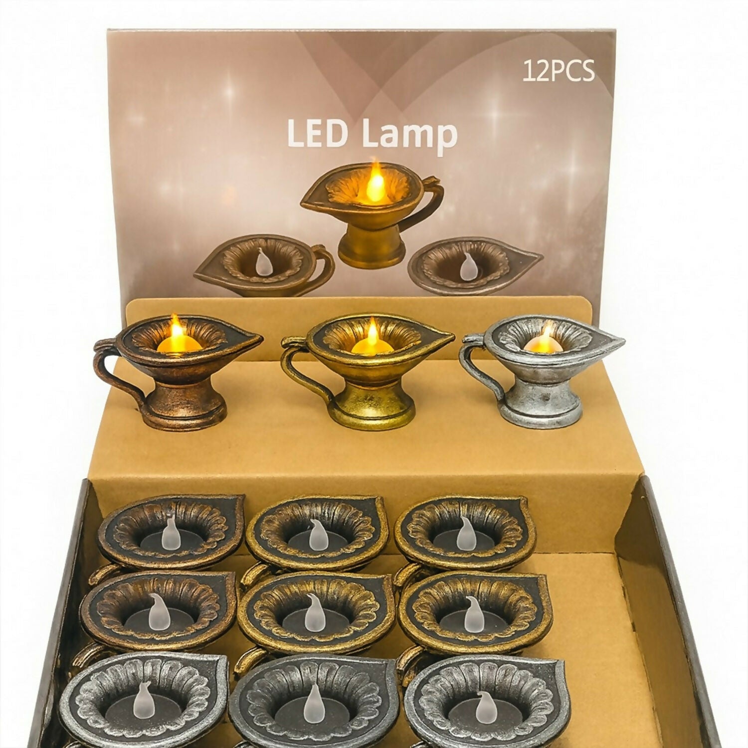 Set of 12 Vintage LED Diya Lamps