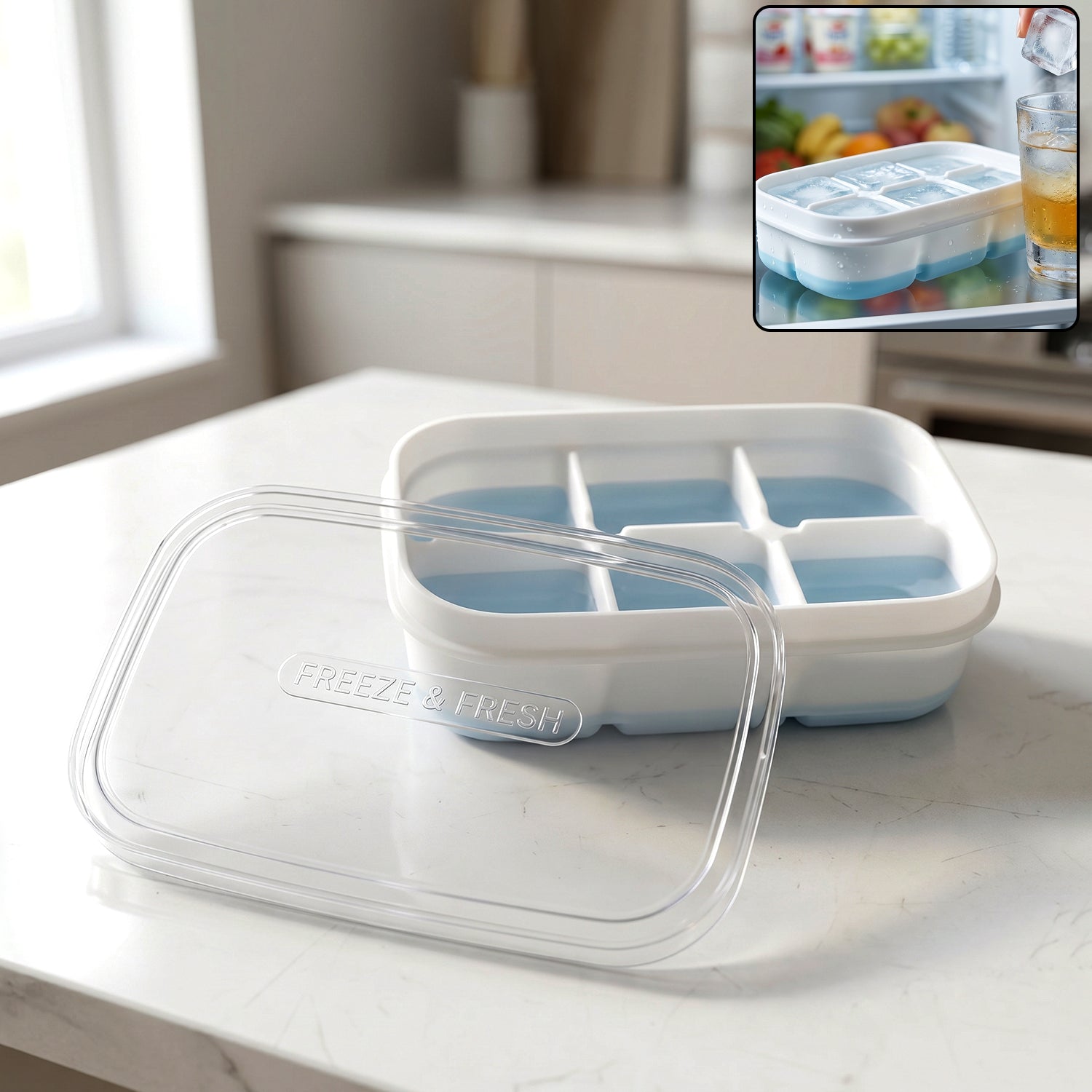 Mini Plastic 6 Cavity Ice Tray - Freeze & Fresh, Compact Ice Cube Tray