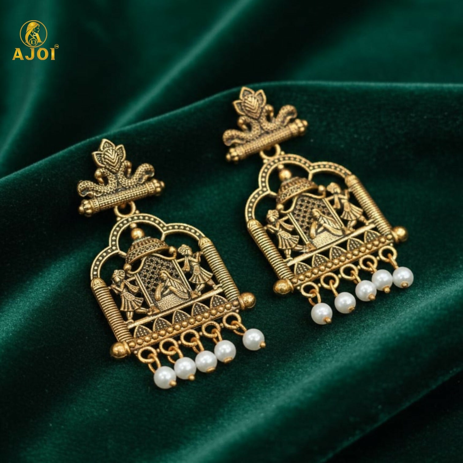 Royal Doli Motif Gold-Tone Temple Earrings with Pearl Danglers
