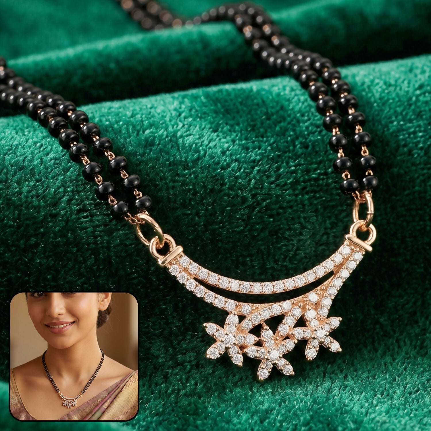 Rose Gold Finish Triple Starburst CZ Cluster Pendant Double Strand Mangalsutra