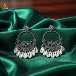Royal Elephant Oxidized Silver Shell Chandbali Earrings with Handcrafted Motifs