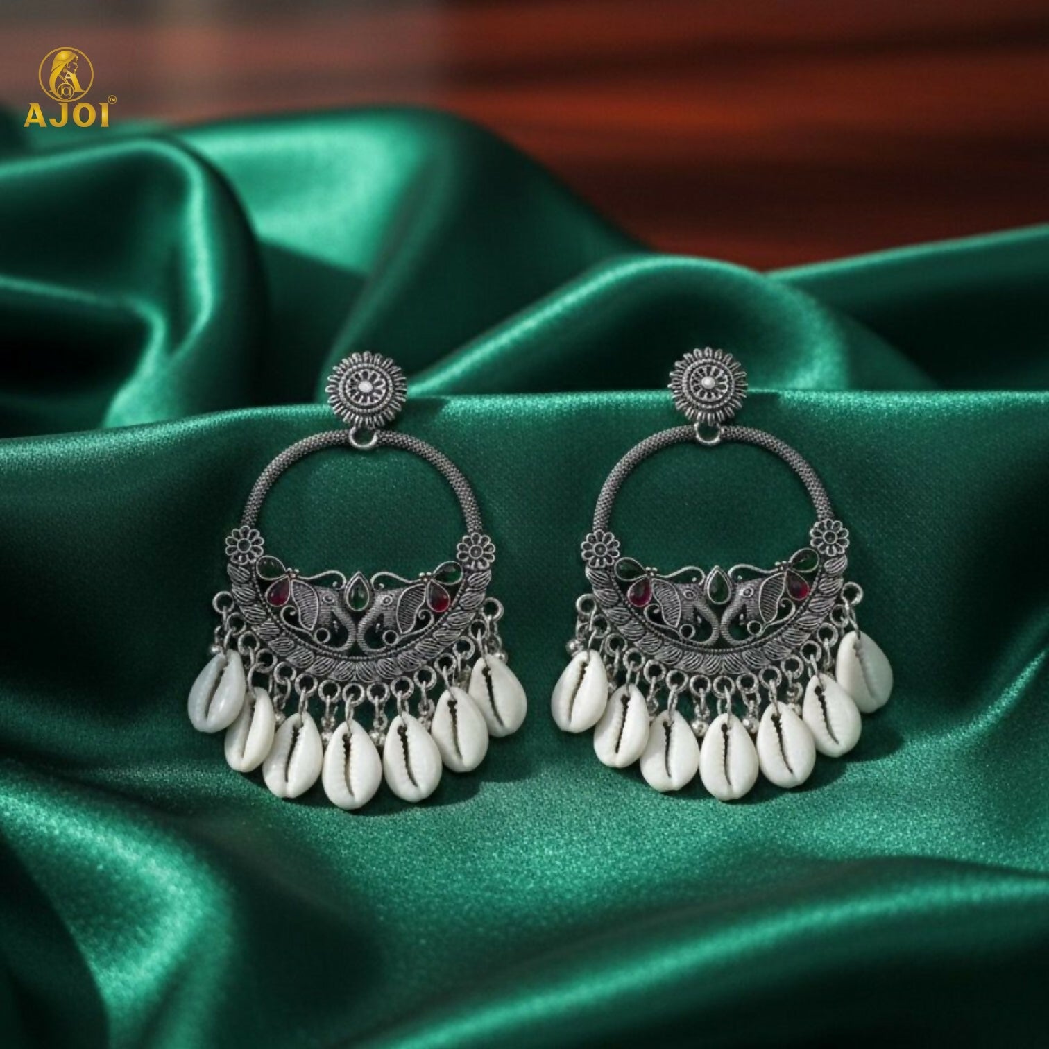 Royal Elephant Oxidized Silver Shell Chandbali Earrings with Handcrafted Motifs