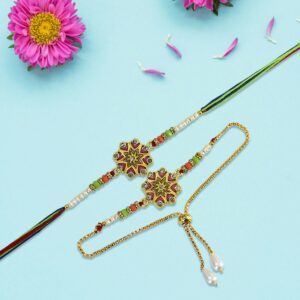 Royal Bhaiya Bhabhi Rakhi Set with Floral Meenakari Design and Dual Pearl Lumba