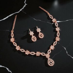 Elegant Crystal & Enamel Floral Link Necklace Set with Pearl Drop (Multiple Colors)