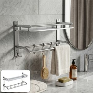 Premium Stainless Steel Towel Rack with Shelf and Hooks for Bathroom Storage