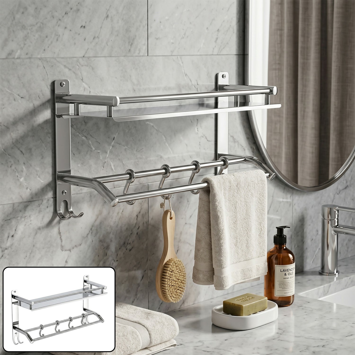 Premium Stainless Steel Towel Rack with Shelf and Hooks for Bathroom Storage