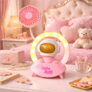 Pink Astronaut Desk Lamp with Fan & Color Light Ring Table Decor