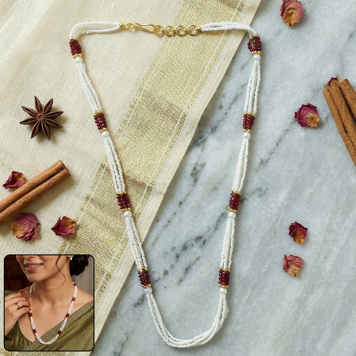 Elegant Beaded Pearl Mala Traditional Ethnic Necklace for Women Handmade