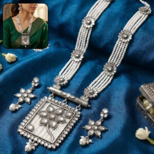 Elegant Silver and Pearl Necklace Set with Floral Pendant and Earrings for Special Occasions