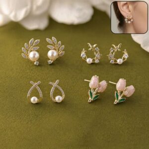 4 Pairs Korean Style Earrings Set for Women | Pearl, Stud & Zircon Combo