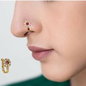 Gold Plated Floral Clip-On Nose Pin | Red & White Stone