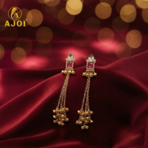 Pink Stone Kashmiri Long Chain Ghungroo Earrings.