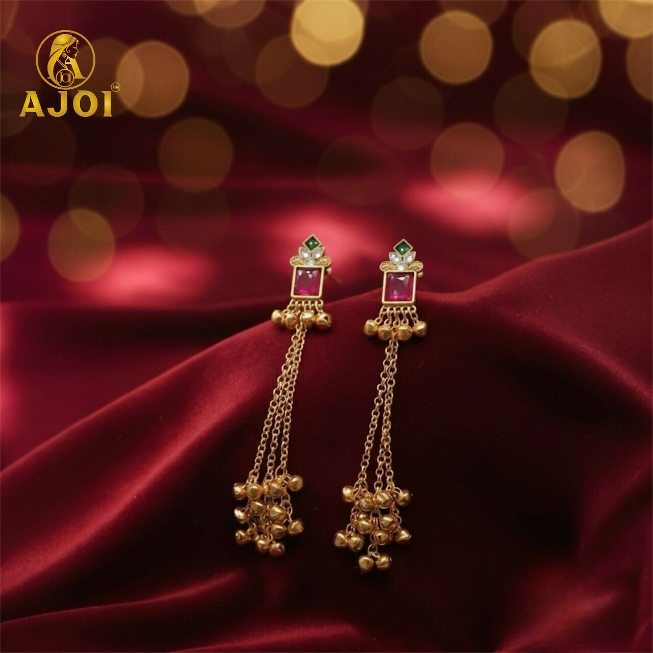 Pink Stone Kashmiri Long Chain Ghungroo Earrings.