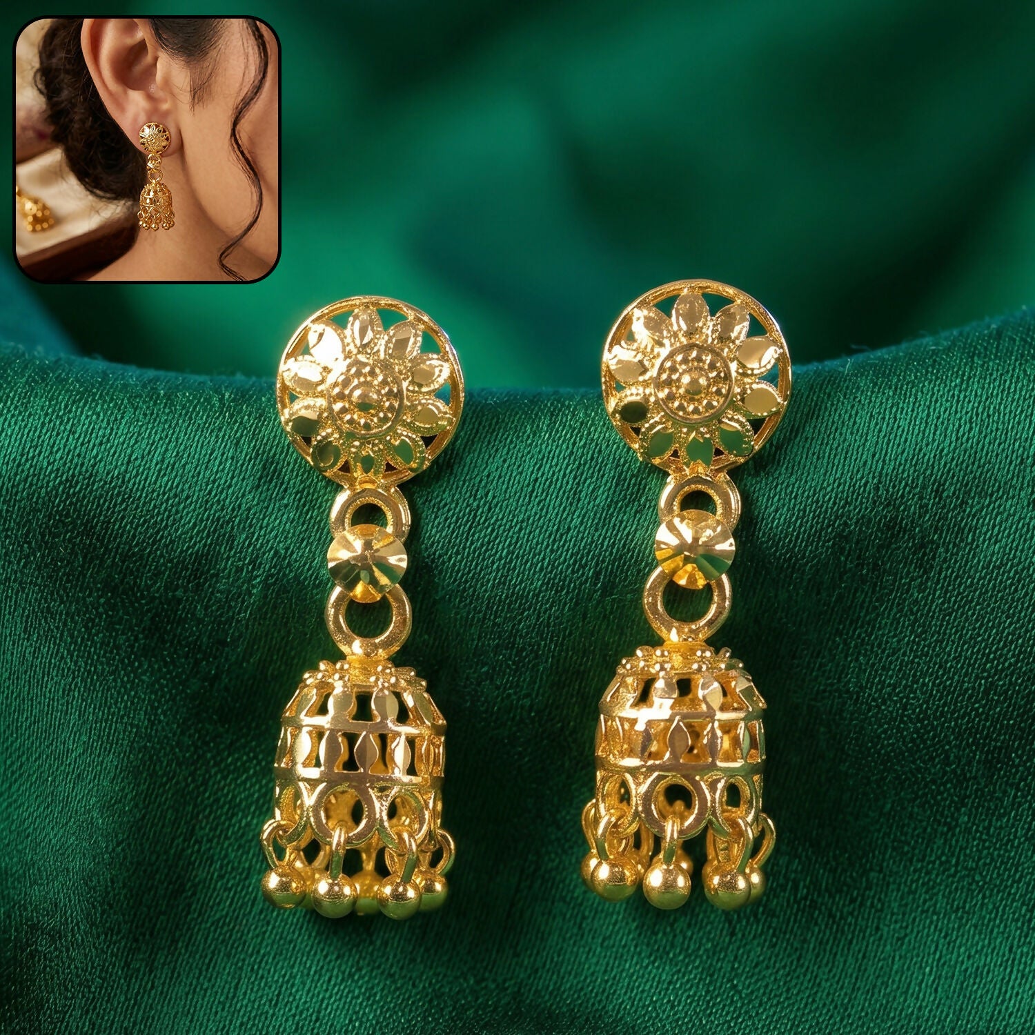 Gold-Plated Traditional Jhumka Earrings with Detailed Chain Design for Special Events