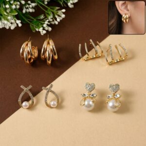Gold Plated Pearl Stud & Hoop Earrings Combo for Women (4 Pair)