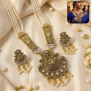 Elegant Gold and Pearl Necklace Set with Intricate Detailing and Matching Earrings for Celebrations