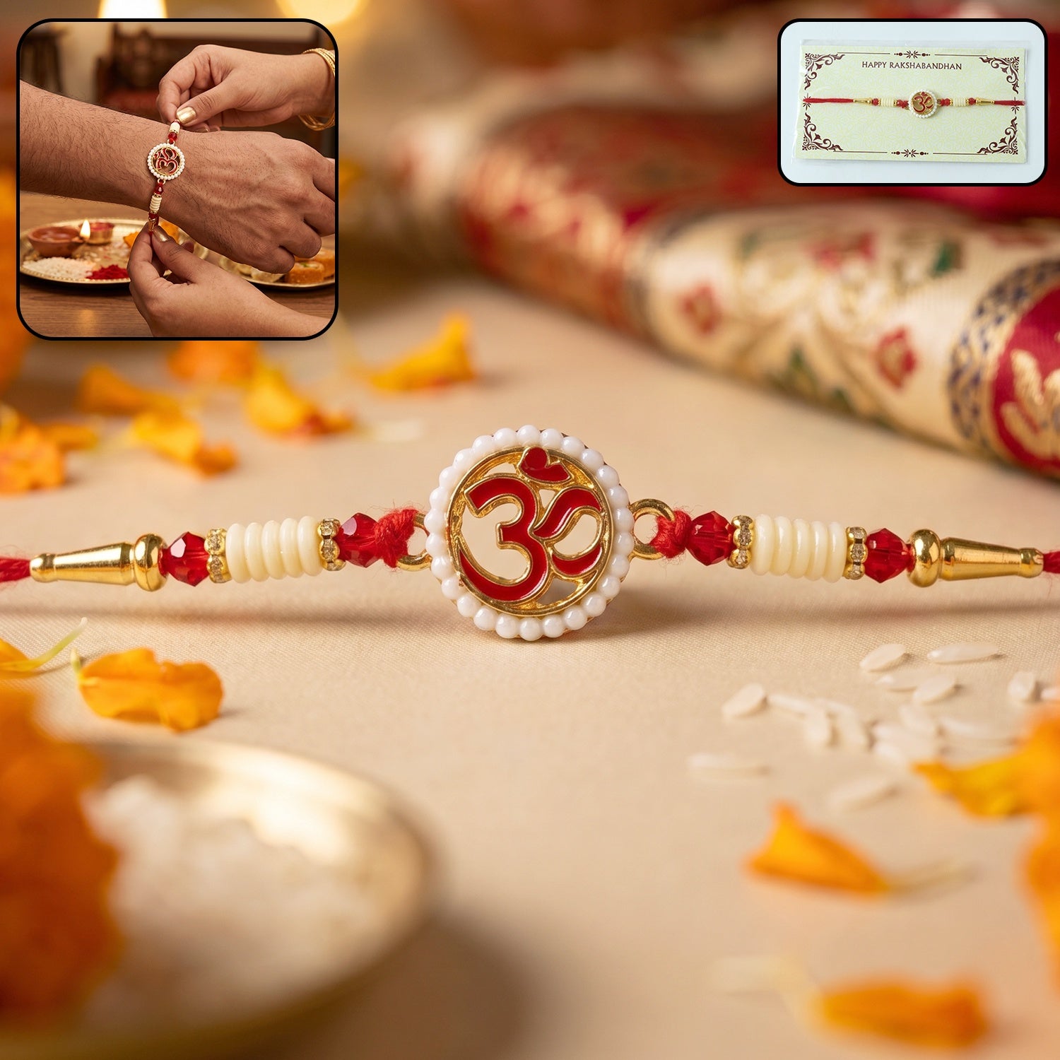 OM Symbol Pearl Frame Designer Rakhi