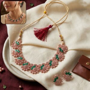 Rose Gold Floral Necklace & Earrings Set with Green Stones