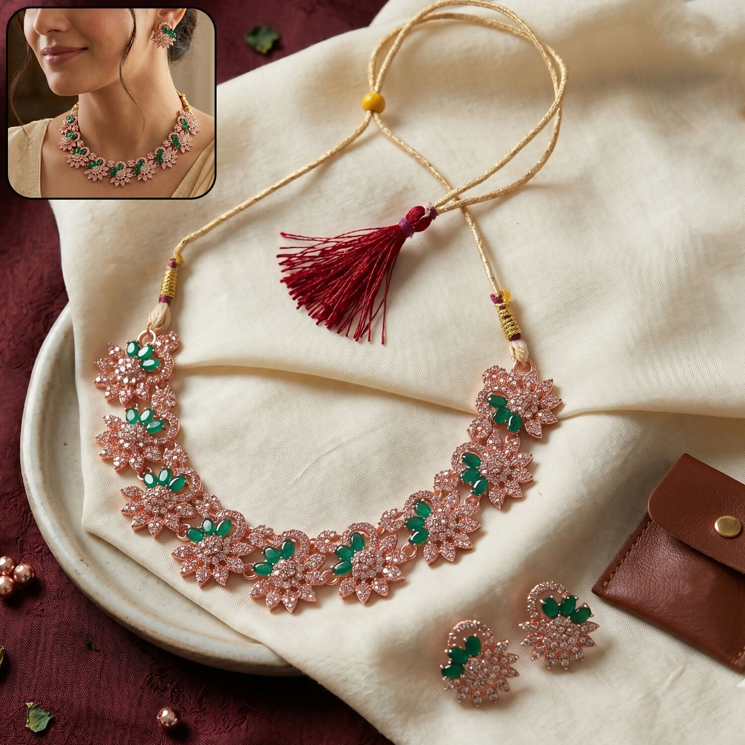 Rose Gold Floral Necklace & Earrings Set with Green Stones