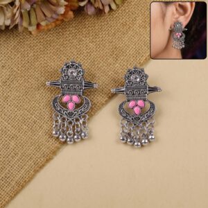 Antique Silver Tribal Dangle Earrings with Pink Enamel/Stone Accents for Women