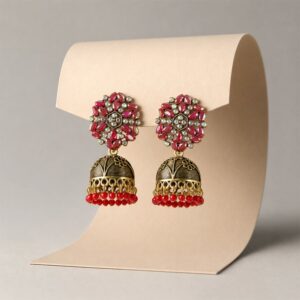 Antique Golden Jhumka Earrings with Red Stone Bead Hanging Floral Design