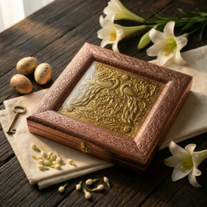 Antique Brass Peacock Embossed Square Dry Fruat Box (8x8 Inch)