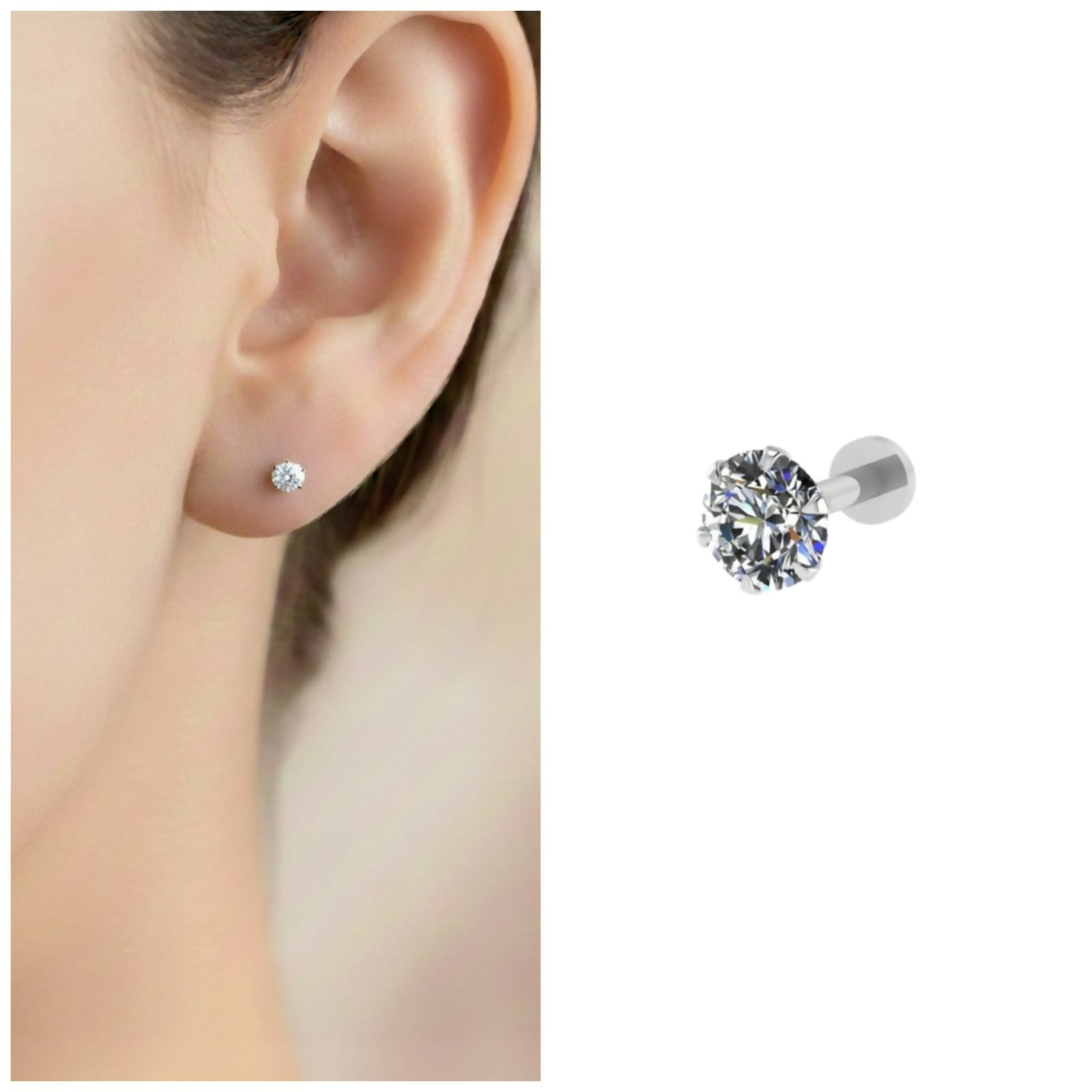 Silver Plated AD Flat Back Labret Stud Earring for women and girls
