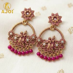 Antique Pink Radha Krishna Beaded Chandbali Ethnic Earrings for Women & Girls
