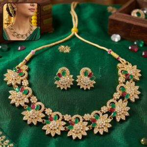 Elegant Gold Plated Necklace & Earrings Set with Green and Red Stones
