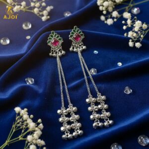 Kashmiri Style Silver Plated Long Chain Drop Earrings with Pink & Green Stones