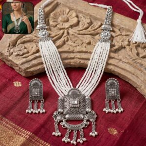 Antique Silver Beaded Necklace Set with Dangling Earrings for Traditional Celebrations