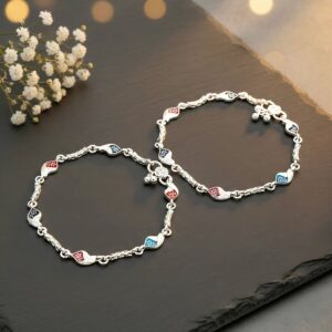 Intricate leaf/floral patterns featuring vibrant red, navy blue, and black enamel anklet ( payal )