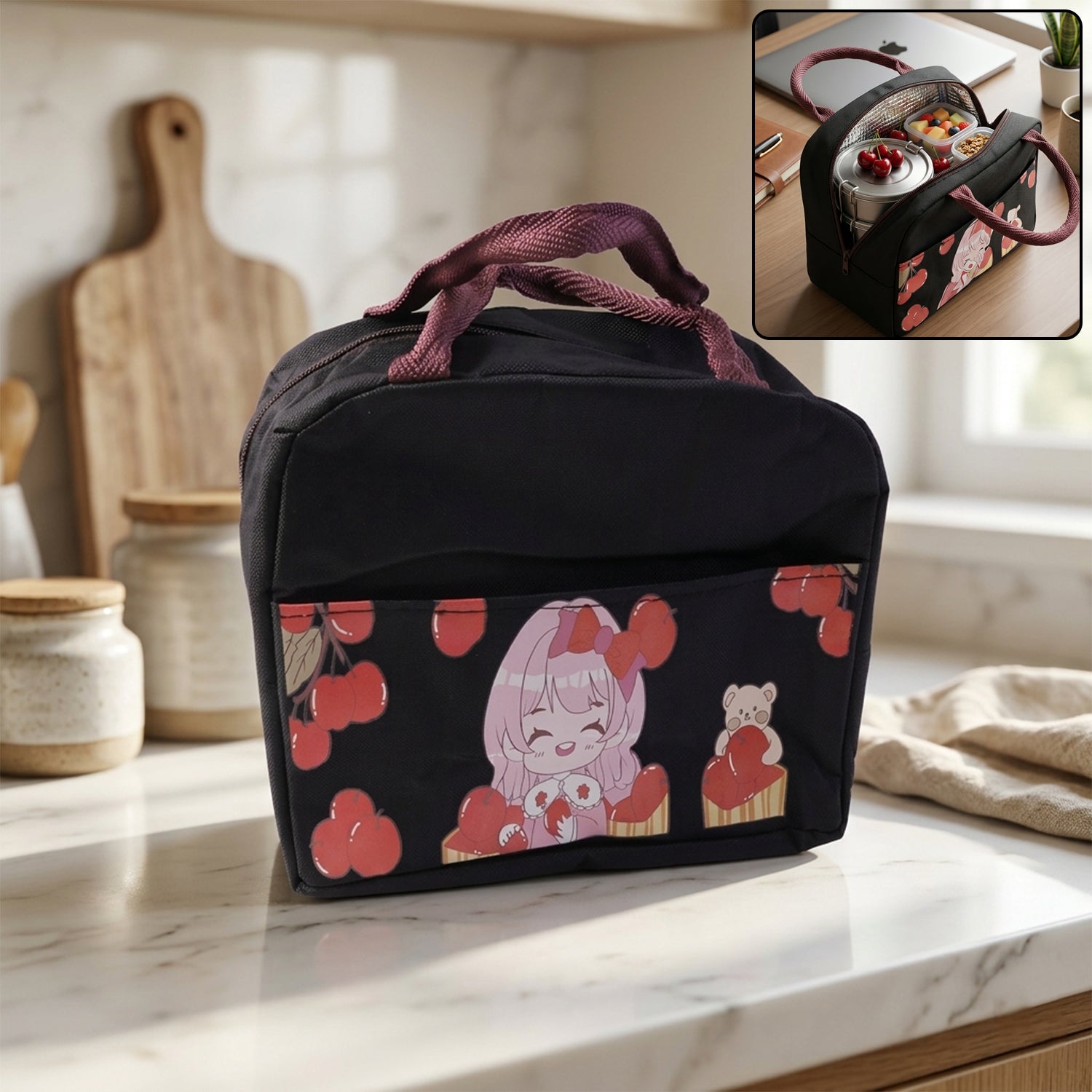 Insulated Lunch Bag with Cute Cartoon Design (1 Pc)